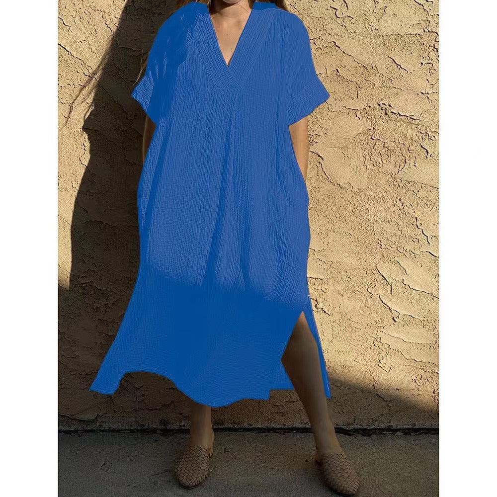 Wrinkle Cotton Rayon Solid Color Minimalist Home Wear Dress
