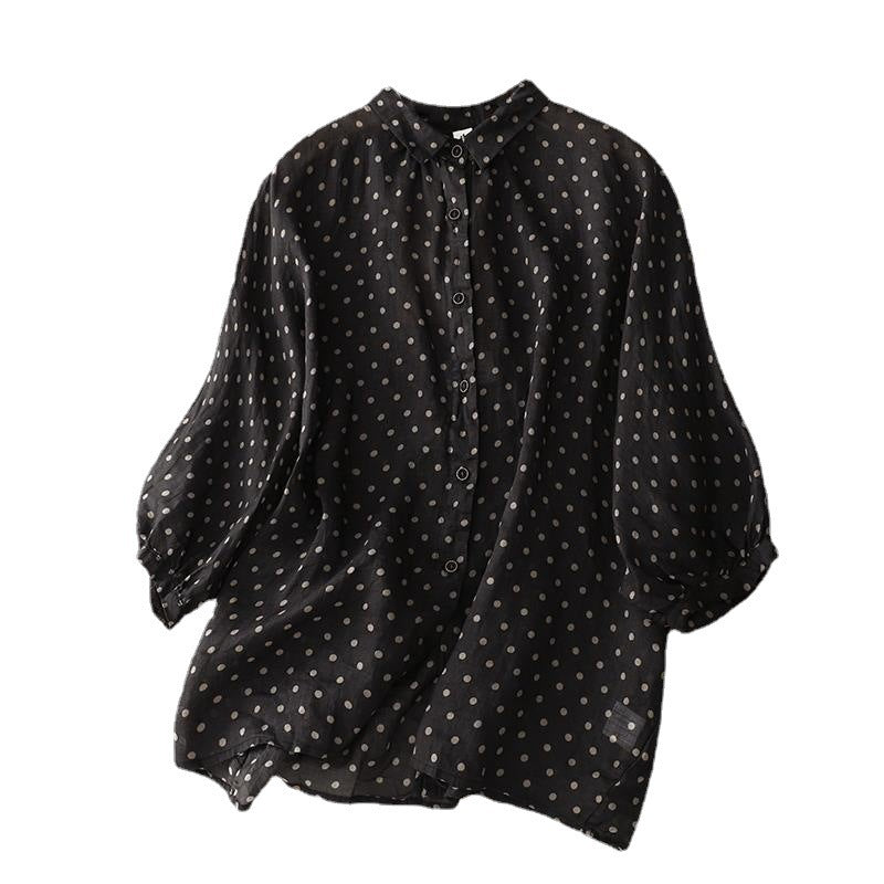 National Style Literary Style Lightweight And Slightly Transparent Polka-dot Loose-fitting Linen Shirt