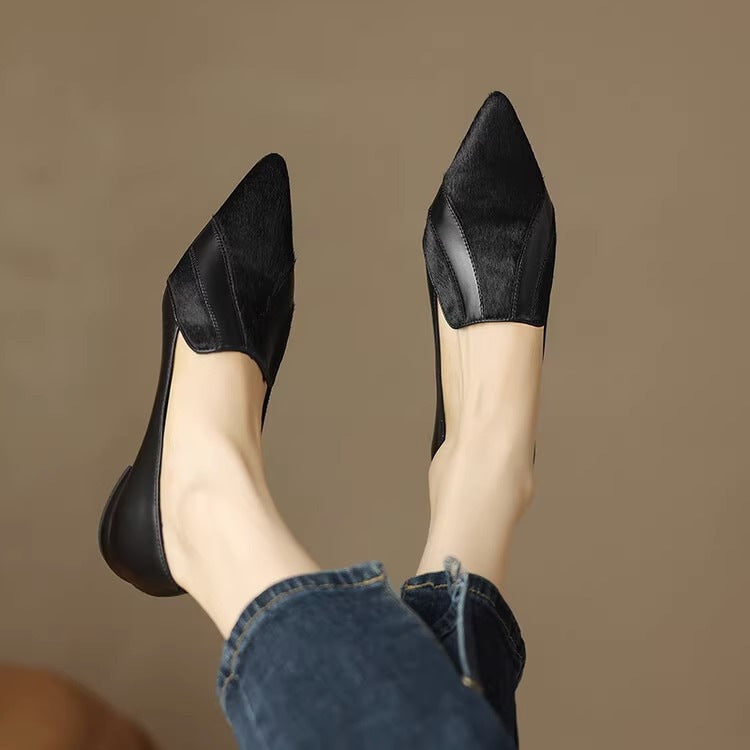 Women's Fashion Simple Soft Leather Stitching Pointed Toe Low-cut Shoes