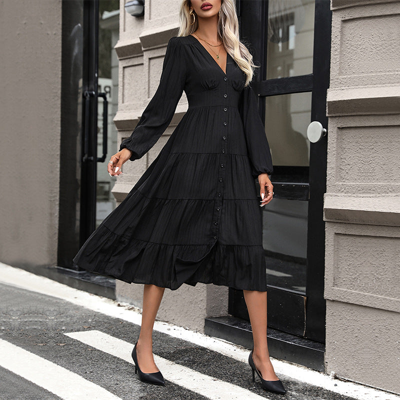 New Autumn Fashion  Women&#039;s European And American Black Long-sleeved Dress