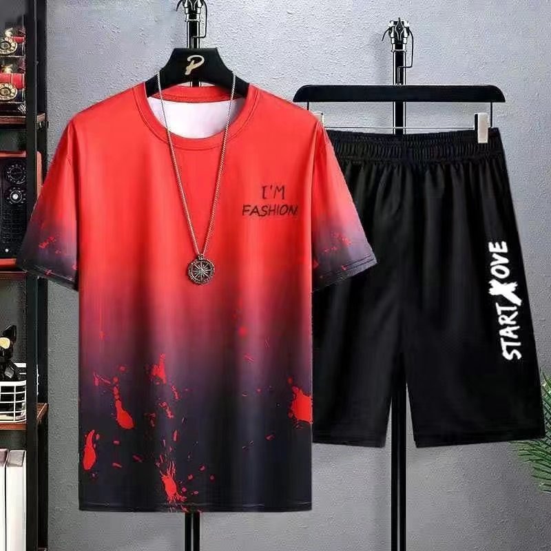 Summer Casual Suit Men&#039;s Ultra-thin Quick-drying Ice Silk Short-sleeved T-shirt Sports Shorts Running Two-piece Suit