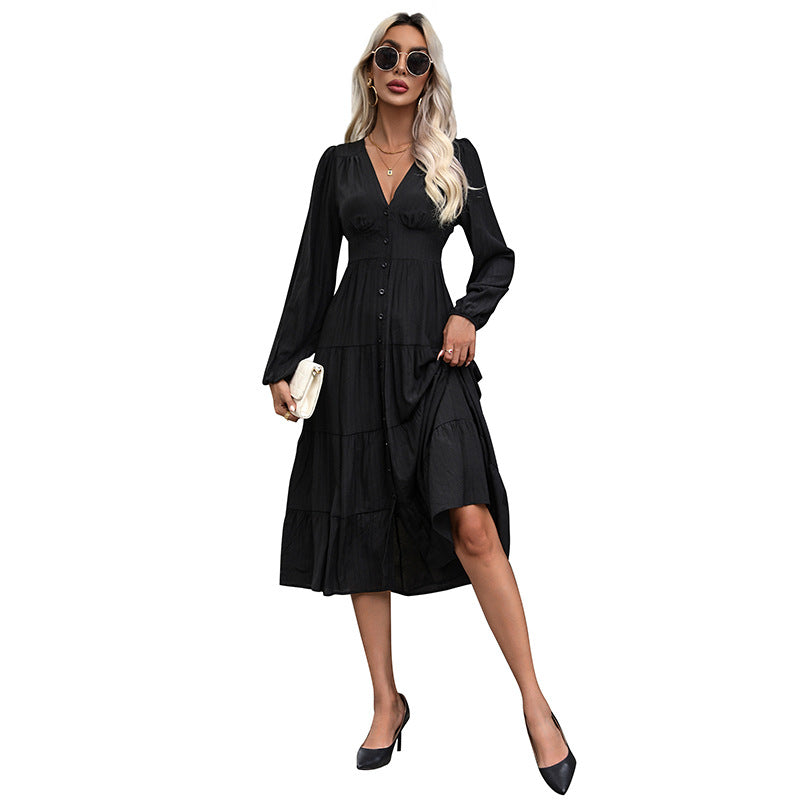 New Autumn Fashion  Women&#039;s European And American Black Long-sleeved Dress