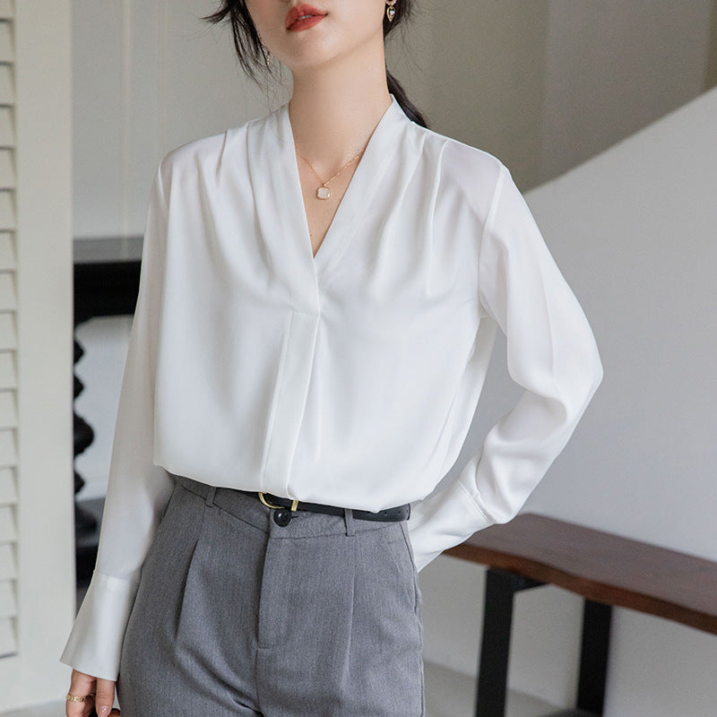 Korean Style Versatile V-neck Long Sleeve Satin Blouse Women's Tops