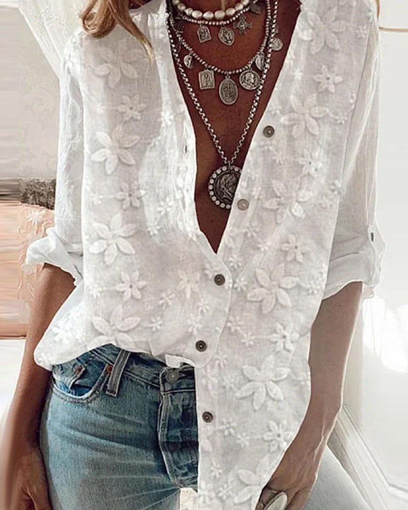 White Lace-up Wooden Ear Loose Shirt