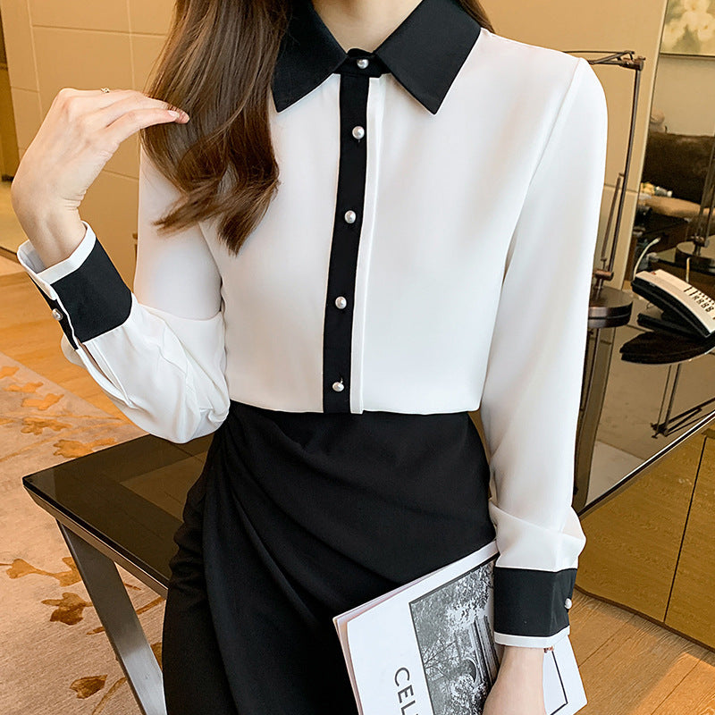 Simple Contrast Color Single Row Pearl Buckle Long Sleeve Shirt
