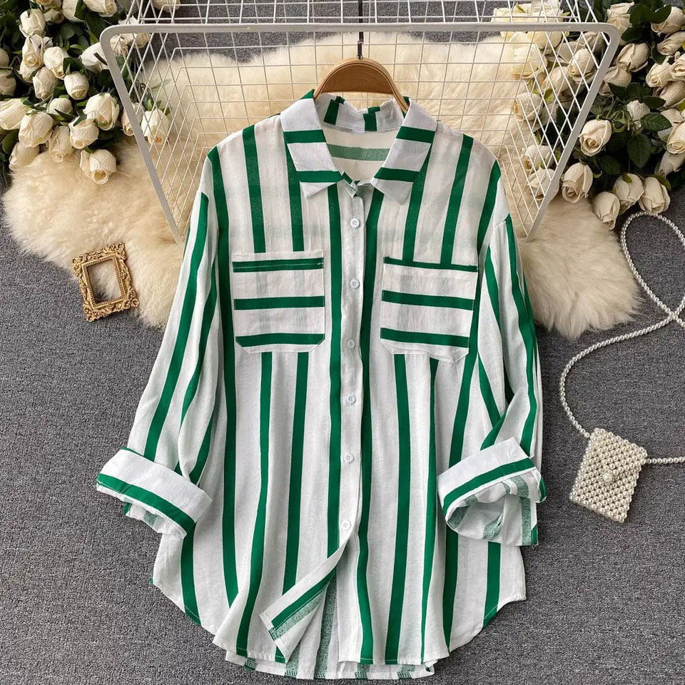 Mid-length Vertical Stripes Multi-color Shirt Coat Casual Loose Top