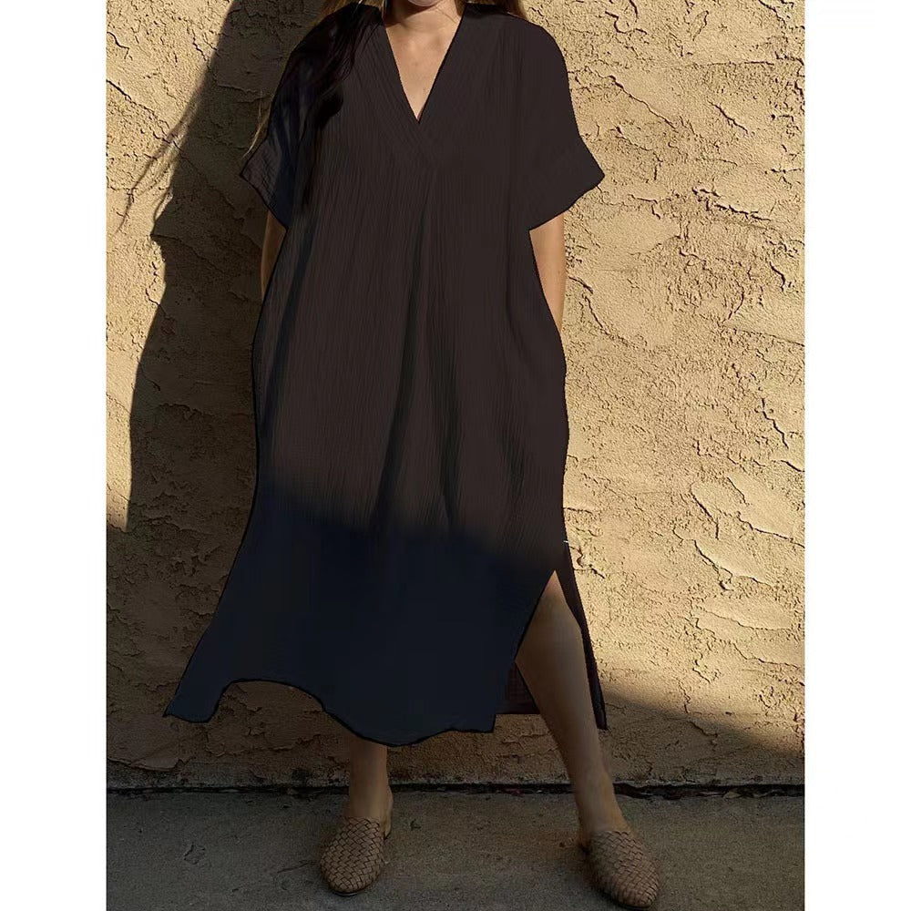 Wrinkle Cotton Rayon Solid Color Minimalist Home Wear Dress