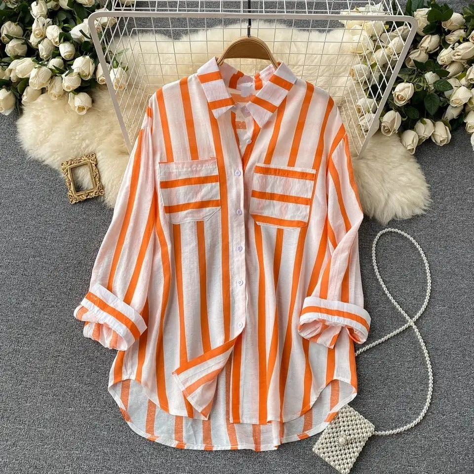 Mid-length Vertical Stripes Multi-color Shirt Coat Casual Loose Top