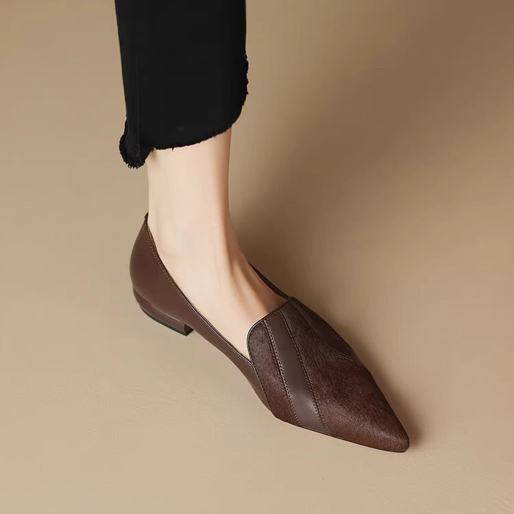 Women's Fashion Simple Soft Leather Stitching Pointed Toe Low-cut Shoes