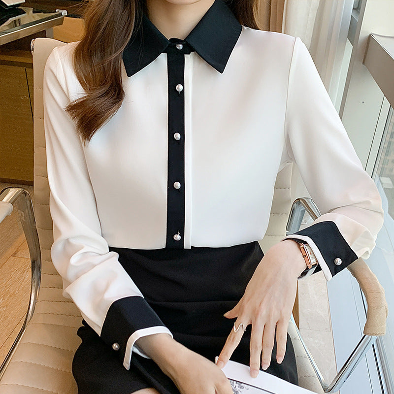 Simple Contrast Color Single Row Pearl Buckle Long Sleeve Shirt